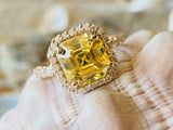 2.5ct Engagement Ring Asscher Cut Yellow Citrine Diamond Halo 14k Rose Gold Over