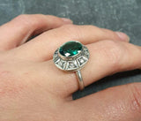 2ct Engagement Ring Oval Green Emerald Vintage Inspired Halo 14k White Gold Over