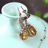 2.6ct Drop Earrings Oval Cut Yellow Citrine Floral Halo 14k Rose Gold Finish