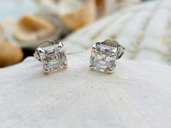 1ct Stud Earrings Asscher Cut Diamond Solitaire Women Design 14k White Gold Over