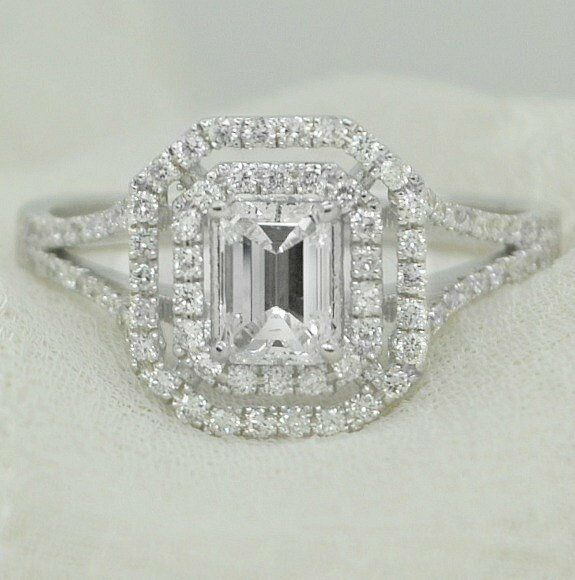 3.5ct Emerald Cut VVS1 Diamond Double Halo Engagement Ring 14k White Gold Finish