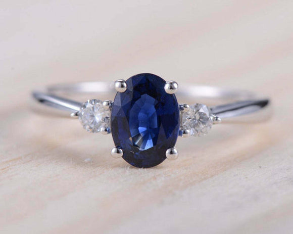 1.2ct Oval Cut Blue Sapphire Engagement Ring Diamond Trilogy 14k White Gold Over