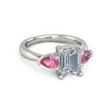 4Ct Emerald Cut Diamond Pink Sapphire Accents Trilogy Ring 14K White Gold Finish