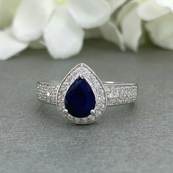 3ct Pear Cut Blue Sapphire Halo Solitaire Engagement Ring 14k White Gold Finish