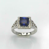 2.2ct Princess Cut Blue Sapphire Halo Celtic Trinity Ring 14k White Gold Finish