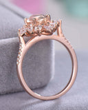 4Ct Oval Cut Peach Morganite Sunburst Halo Engagement Ring 14K Rose Gold Finish