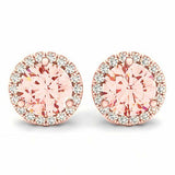 1.5ct Round Cut Peach Morganite Halo Solitaire Stud Earrings 14k Rose Gold Over