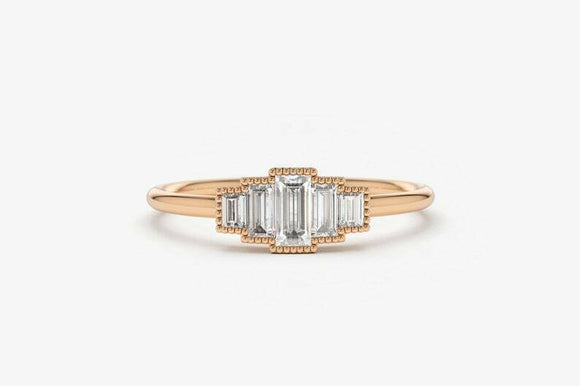 0.8ct Engagement Ring Baguette Cut Diamond 5 Stone Art Deco 14k Rose Gold Finish