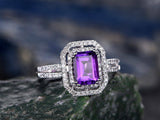 2Ct Emerald Cut Purple Amethyst Dual Halo Engagement Ring 18K White Gold Finish