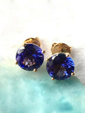 2ct Stud Earrings Round Cut Blue Sapphire Solitaire Women 14k Yellow Gold Finish