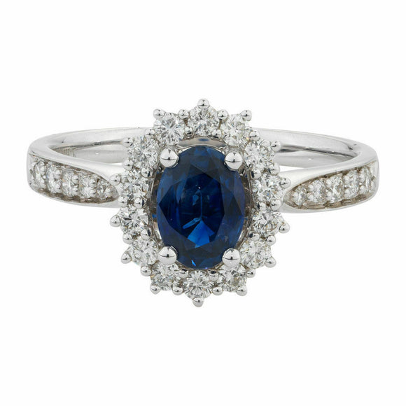 1ct Oval Cut Blue Sapphire Diamond Accent Engagement Ring 14k White Gold Finish