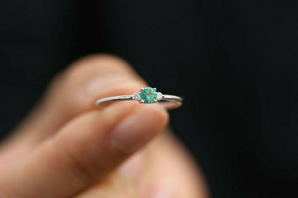 0.4ct Round Green Emerald Engagement Ring Minimalist Trilogy 14k White Gold Over