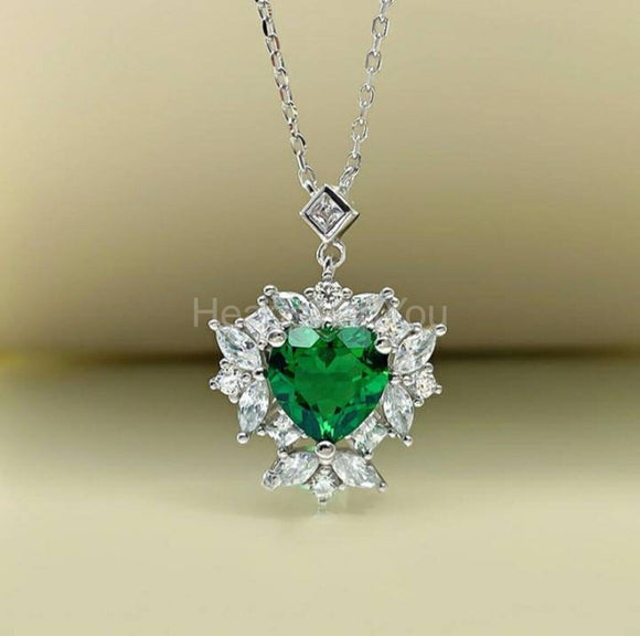 2ct Heart Cut Simulated Emerald Cluster Halo Pendant Chain 14k White Gold Plated