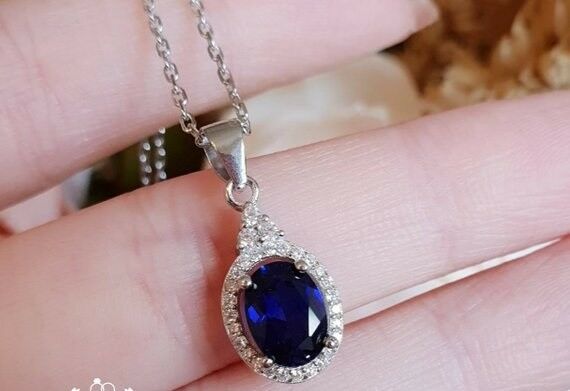 2ct Oval Cut Blue Sapphire Pendant with Chain Diamond Halo 14k White Gold Finish