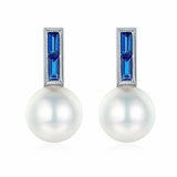 1.2ct Baguette Cut Blue Sapphire Pearl Dainty Stud Earrings 14k WhiteGold Finish