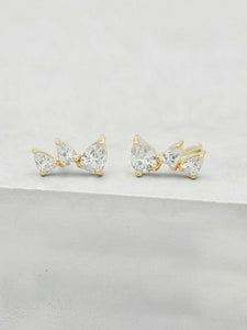 1ct Stud Earrings Pear Cut Diamond Trilogy Petite Design 14k Yellow Gold Finish