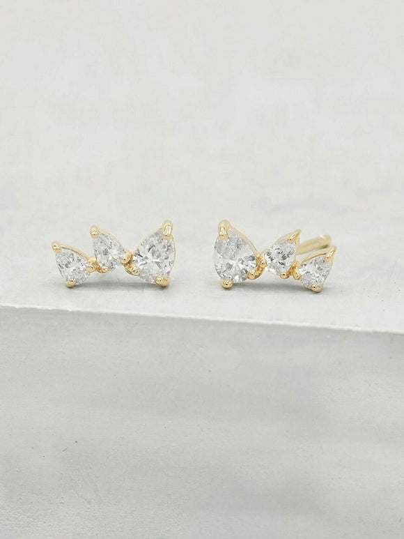 1ct Stud Earrings Pear Cut Diamond Trilogy Petite Design 14k Yellow Gold Finish