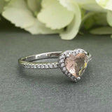 1ct Heart Cut Peach Morganite Halo Solitaire Engagement Ring 14k White Gold Over