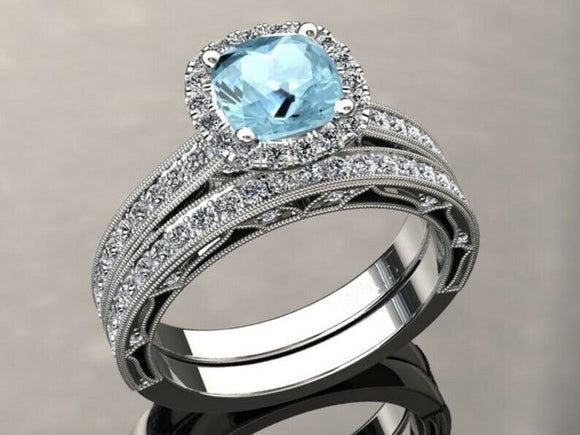 3ct Cushion Blue Aquamarine Halo Milgrain Bridal Set Ring 14k White Gold Finish