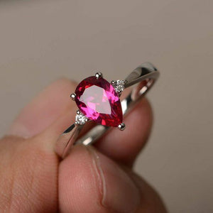 0.75ct Pear Cut Pink Ruby Trilogy Solitaire Engagement Ring 14k WhiteGold Finish