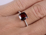 1.5ct Cushion Cut Red Garnet Engagement Ring Solitaire Accent 14k WhiteGold Over