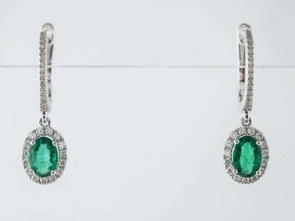 1.2ct Oval Cut Green Emerald Diamond Halo Dangle Earrings 14k White Gold Finish