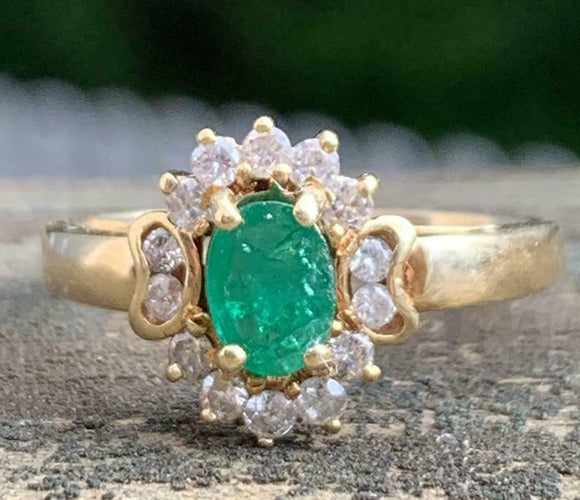 3ct Engagement Ring Oval Cut Emerald Vintage Inspired Halo 14k YellowGold Finish