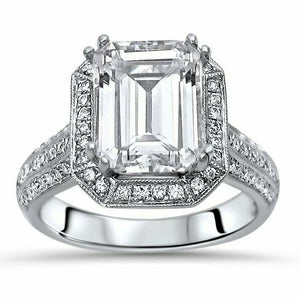 4Ct Emerald Cut DVVS1 Diamond Halo Vintage Engagement Ring 14K White Gold Finish