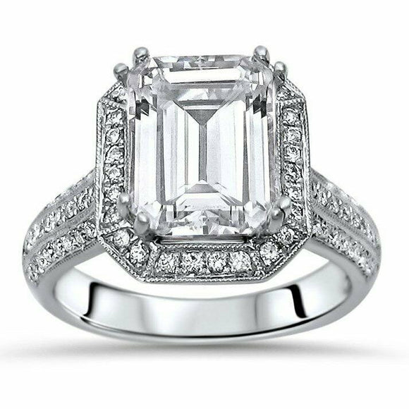 4Ct Emerald Cut DVVS1 Diamond Halo Vintage Engagement Ring 14K White Gold Finish