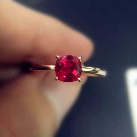 1ct Cushion Cut Pink Ruby Engagement Ring Solitaire Women 14k Yellow Gold Finish