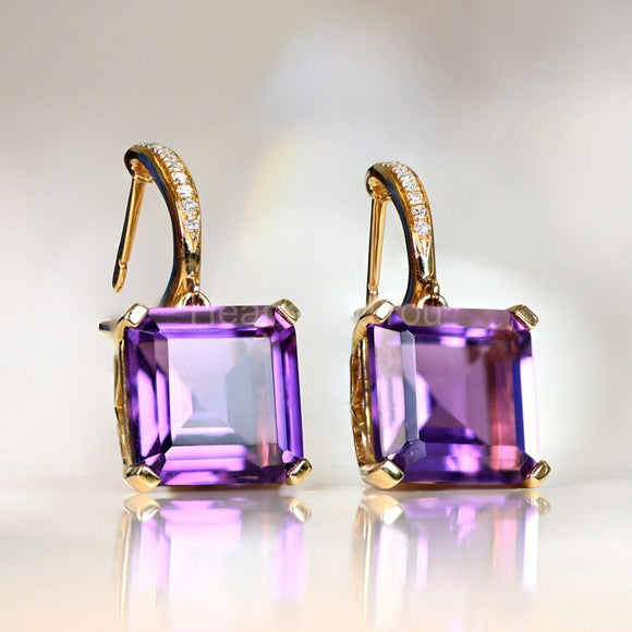 2ct Emerald Simulated Amethyst Latch Back Drop Earrings 14k Yellow Gold Plated