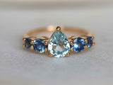 1.5ct Engagement Ring Pear Cut Blue Aquamarine Five Stone 14k Yellow Gold Finish