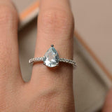 1.5ct Pear Cut Blue Aquamarine Solitaire with Accent Ring 14k White Gold Finish