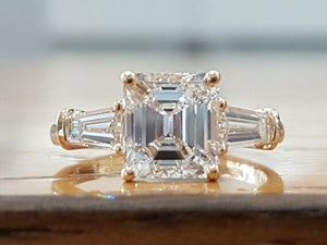 2.5ct Emerald Cut Diamond Three Stone Engagement Ring 14k White Gold Finish