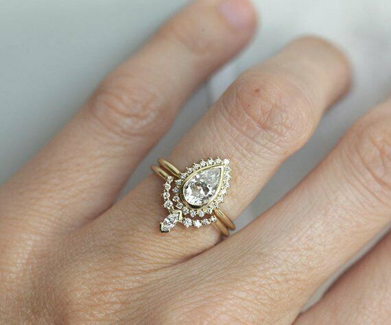 2ct Pear Cut Diamond Engagement Ring 14k Yellow Gold Over Halo Curved Bridal Set