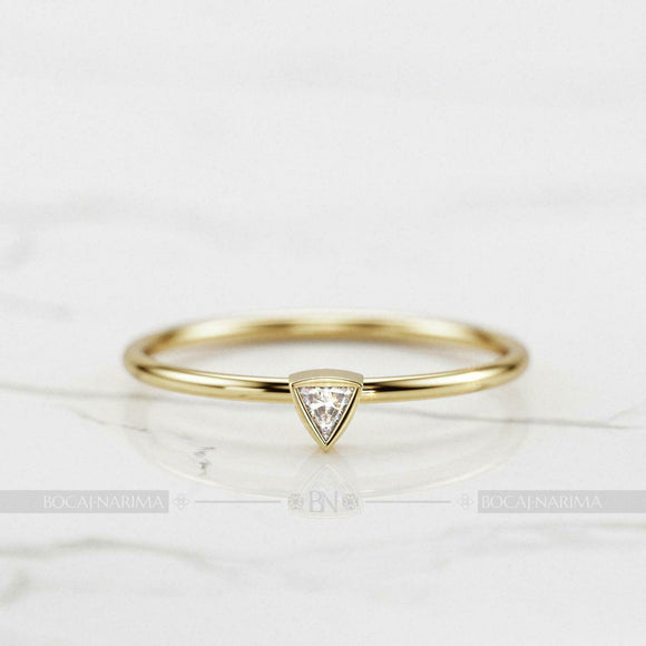 Petite Solitaire Engagement Ring 0.3ct Trillion Cut Diamond 14k Yellow Gold Over