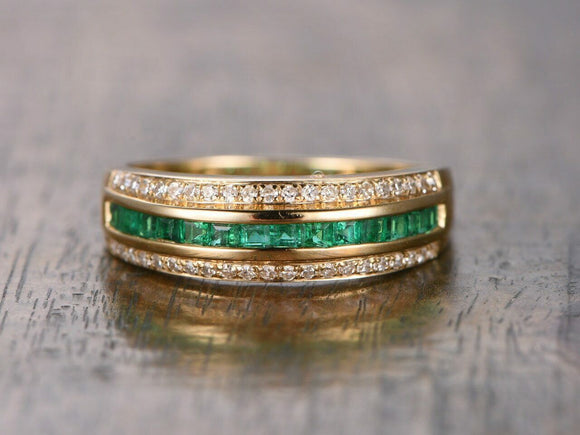 2.5ct Princess Cut Green Emerald 3 Row Half Eternity Band 14k Yellow Gold Finish