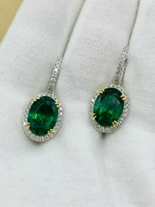 2.5ct Oval Green Emerald Diamond Halo Drop Dangle Earrings 14k White Gold Finish