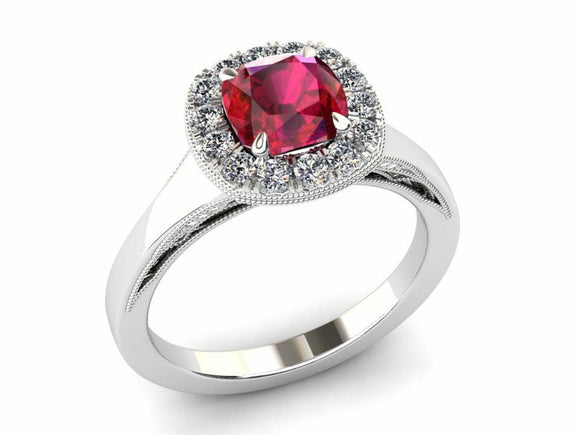 1.5ct Cushion Pink Ruby Engagement Ring Diamond Halo Milgrain 14k WhiteGold Over