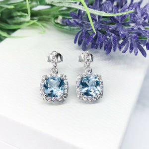 3Ct Cushion Cut Blue Aquamarine Stylish Halo Drop Earrings 14K White Gold Finish