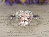 2ct Heart Cut Peach Morganite Engagement Ring Diamond Halo 14k White Gold Finish