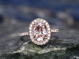 3.2ct Oval Cut Morganite Engagement Ring Halo Diamond Accents 14k Rose Gold Over