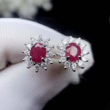 2.5ct Oval Cut Pink Ruby Halo Floral Design Stud Earrings 14k White Gold Finish