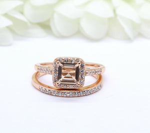 4Ct Asscher Cut Peach Morganite Diamond Bridal Set Ring Band 14K Rose Gold Over