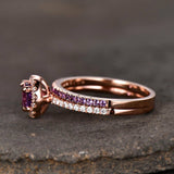 1.6ct Round Purple Amethyst Halo Bridal Set Engagement Ring 14k Rose Gold Finish