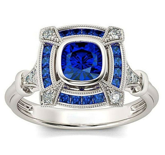 2.5ct Cushion Cut Blue Sapphire Engagement Ring 14k White Gold Finish Art Deco