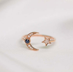 1ct Round Cut Sapphire Engagement Ring Crescent Moon and Star 14k Rose Gold Over