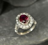 2.4ct Oval Cut Pink Ruby Vintage Inspired Halo Ring 14k White Gold Finish