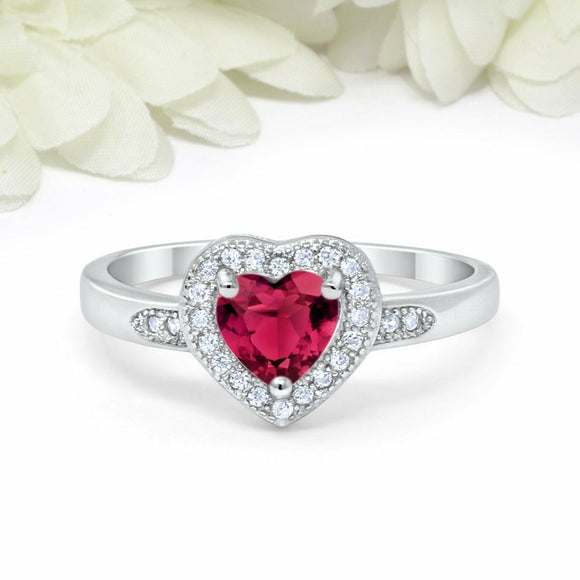 2Ct Heart Cut Pink Ruby Diamond Halo Engagement Ring 14K White Gold Finish