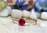 1.2ct Round Cut Pink Ruby Solitaire with Accent Ring 14k Yellow Gold Finish